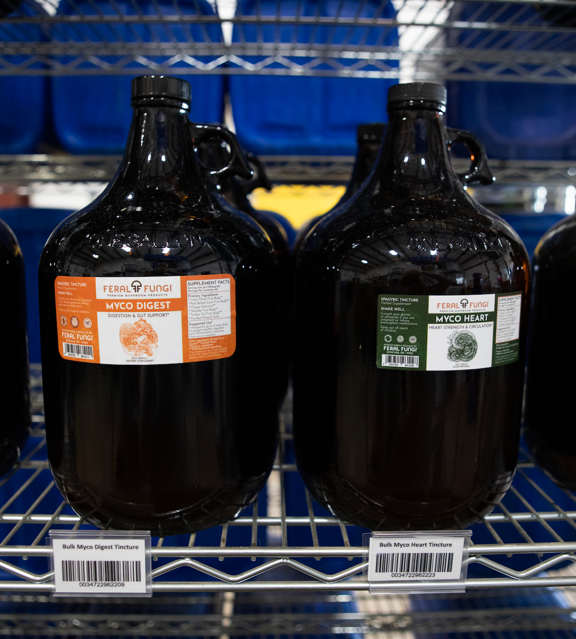 Amber jugs of Myco Digest and Myco Heart bulk tincture on a shelf
